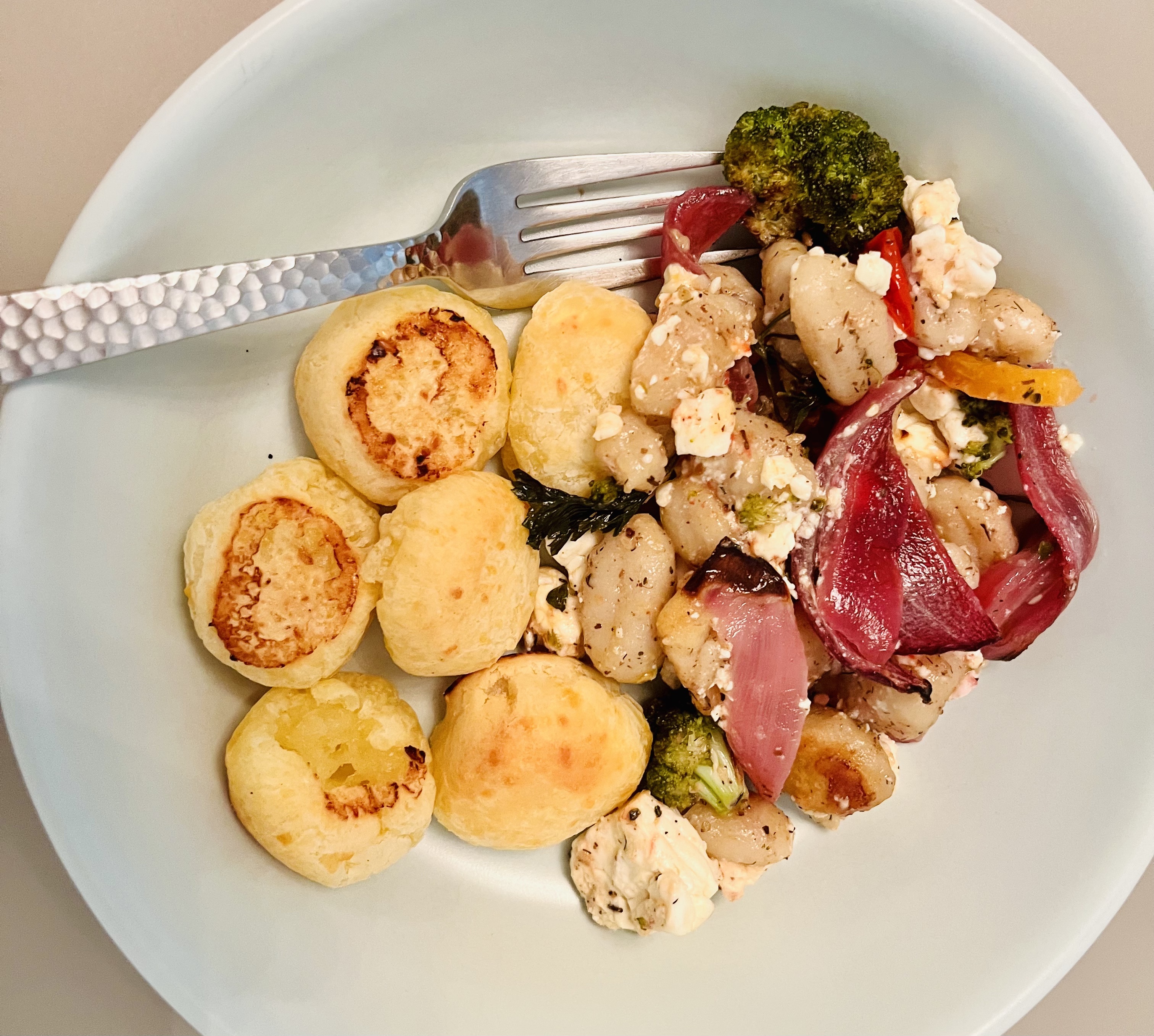Sheet pan gnocchi, vegetables, and cheesey bread