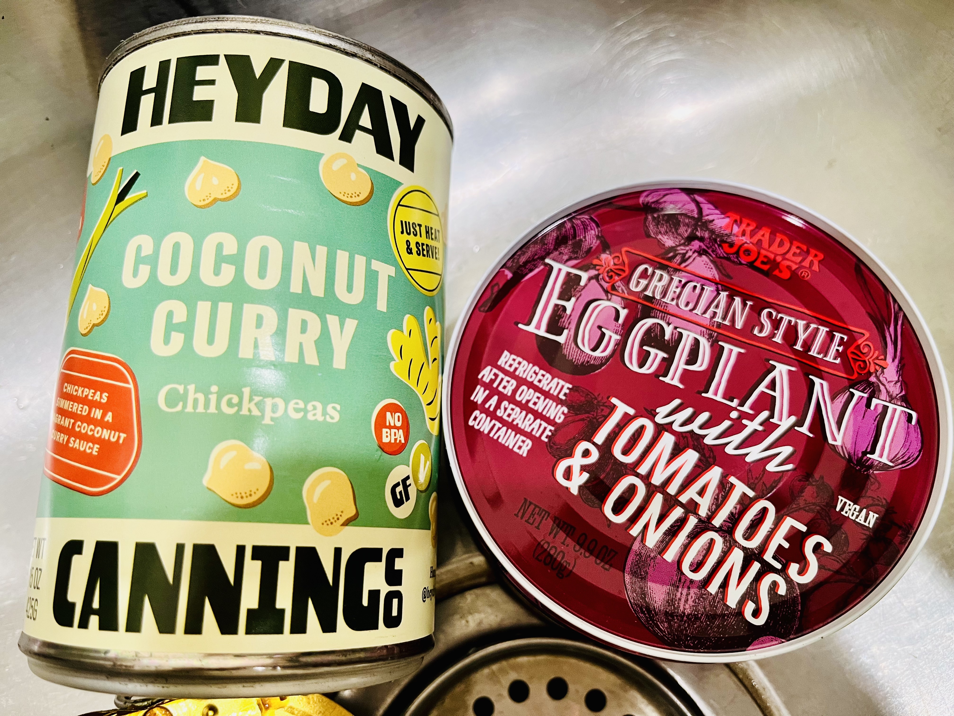 Heyday Canning coconut curry chickpeas and Trader Joe's Grecian Style Eggplant with tomatoes & onions