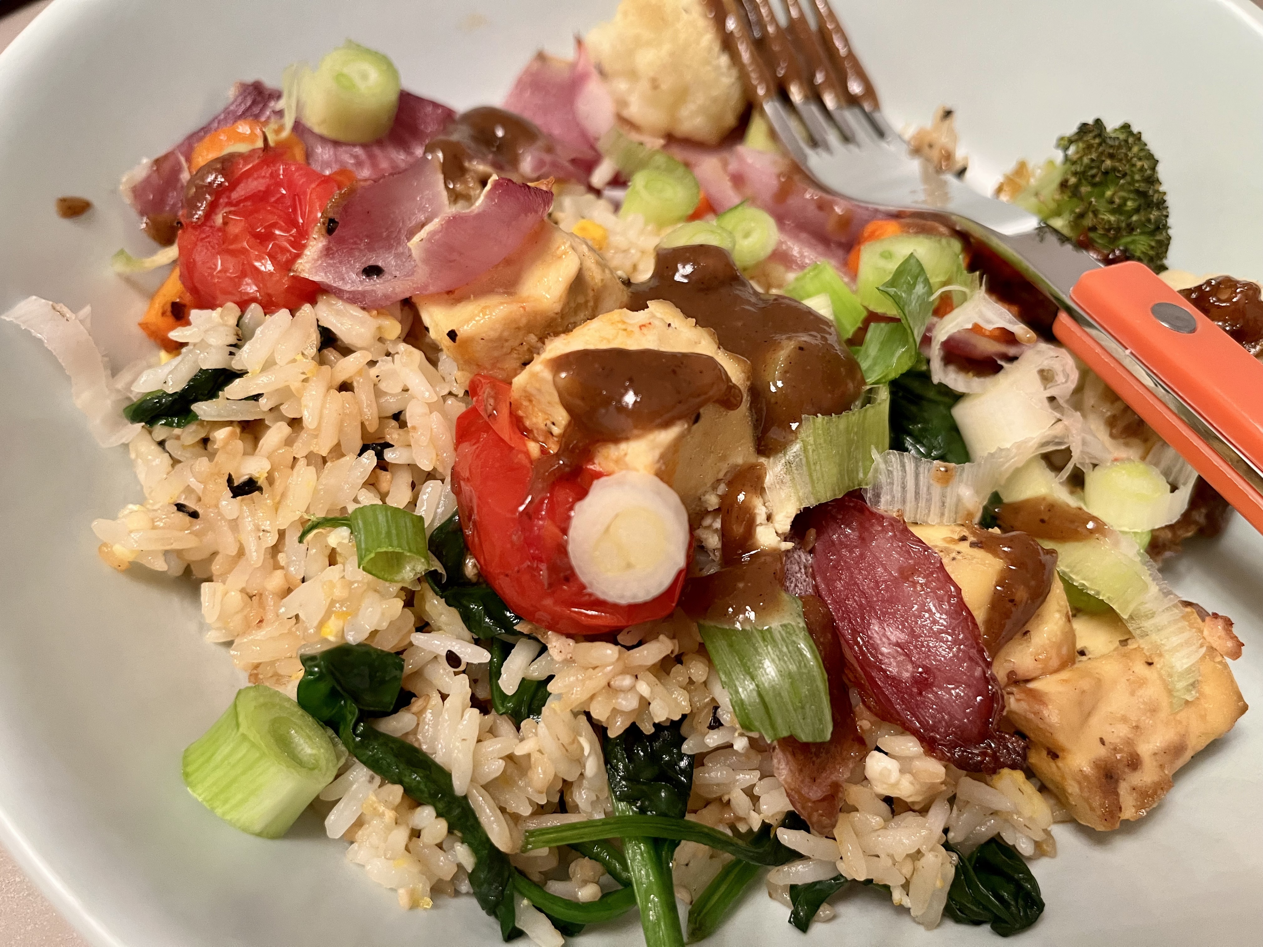 Garlic fried rice with tofu and vegetables
