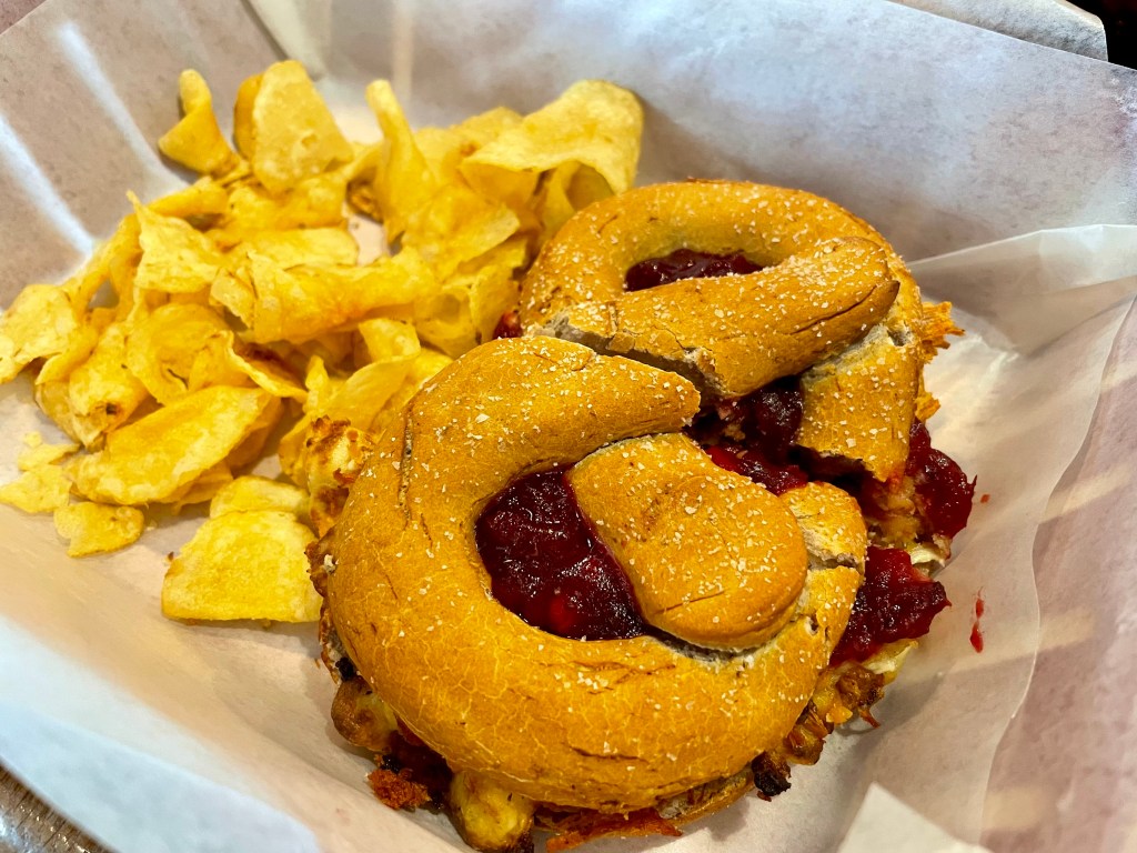 Gluten free pretzel Thanksgiving sandwich