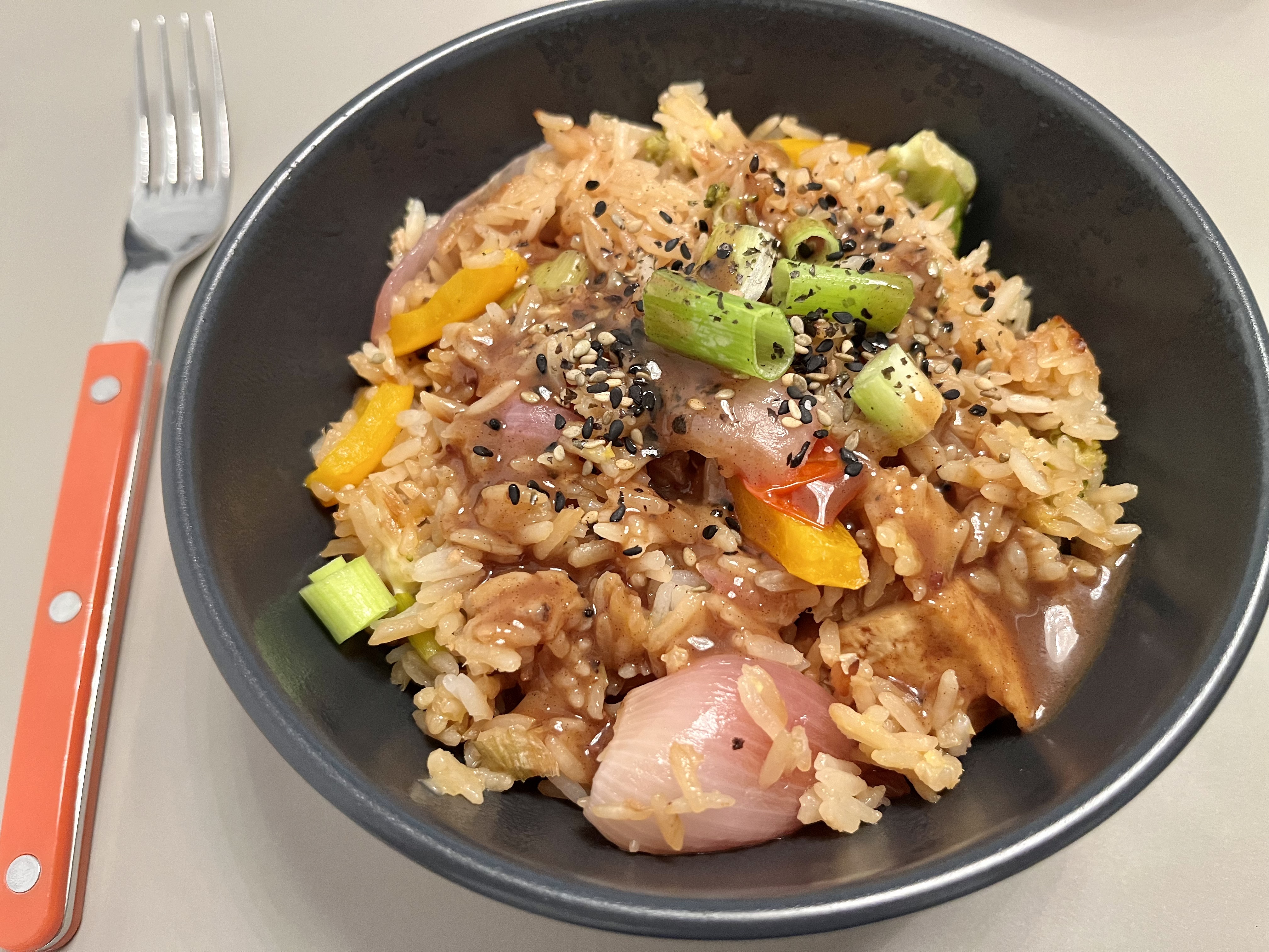 Sheet pan fried rice served