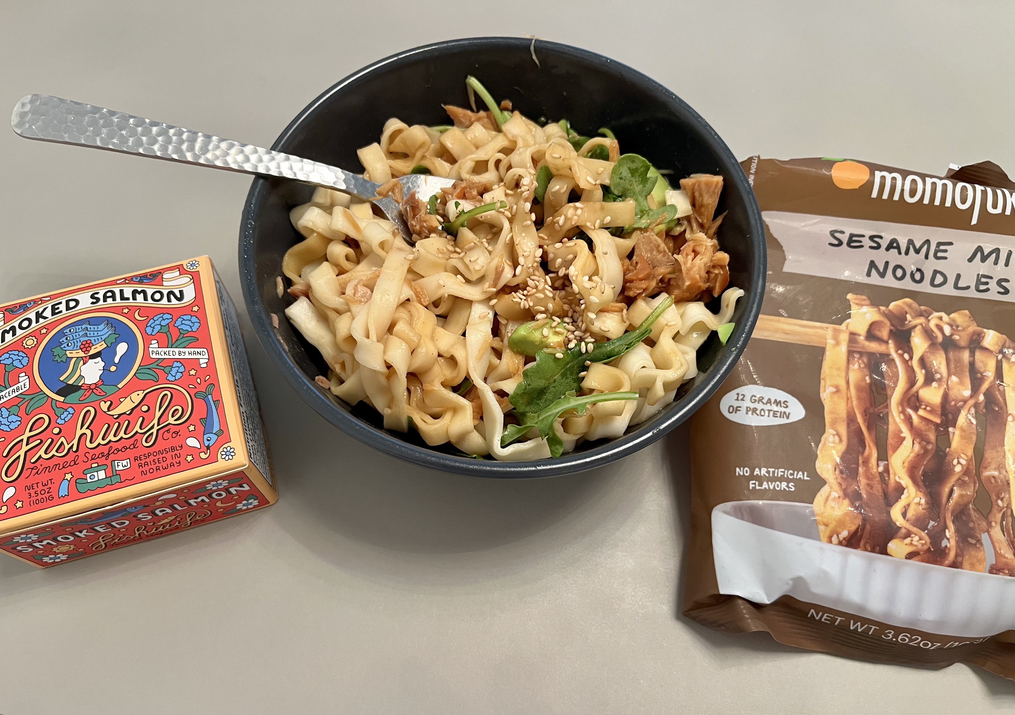 Smoked salmon with Momofuku noodles bowl